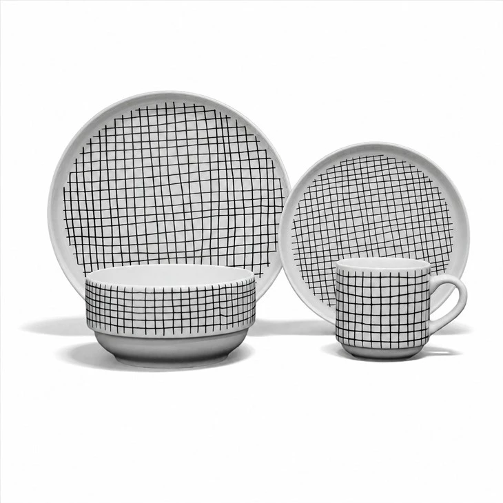 Black Grid Ceramic Dinnerware Set, Modern White Porcelain Plates Bowls Mugs For Kitchen Dining Table suppliers