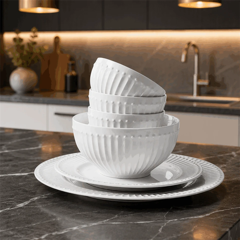 White Embossed Striped Ceramic Dinnerware Set high quality