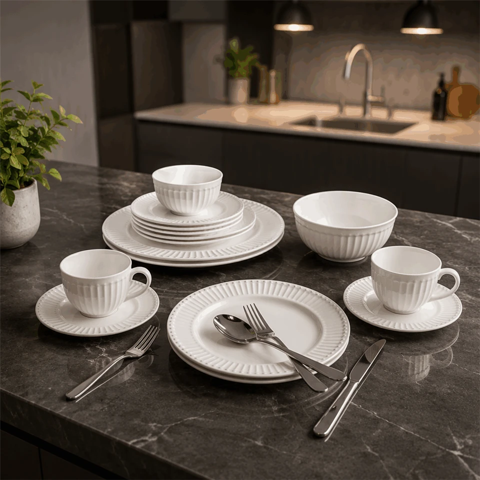 White Embossed Striped Ceramic Dinnerware Set factory
