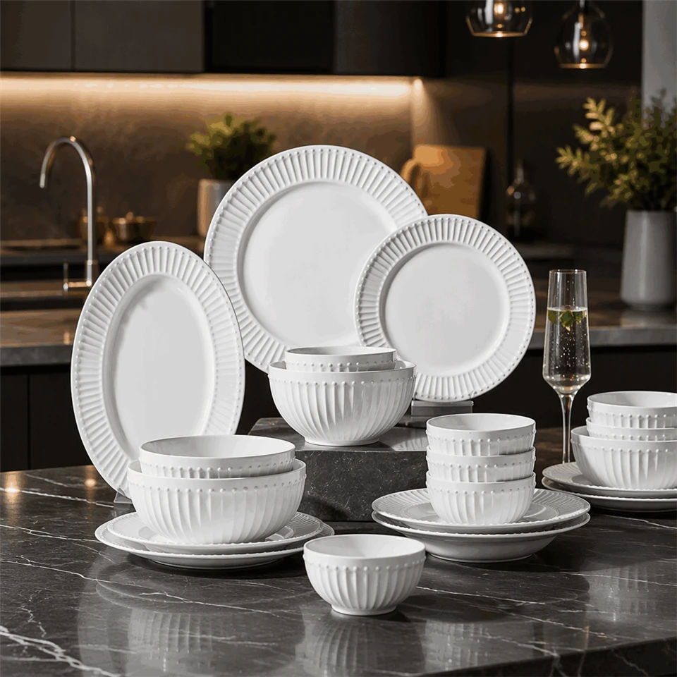 White Embossed Striped Ceramic Dinnerware Set suppliers